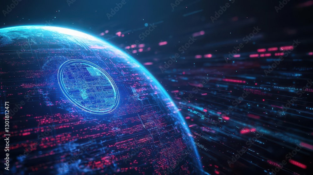 Poster illuminated globe surrounded by ethereal blue and red lights displaying a mesmerizing fusion of colo