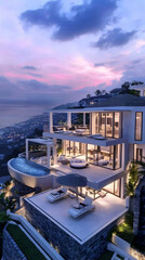 Fototapeta premium 3D Illustration - Luxury Villa, Ocean View, Sunset, Pool, Architecture, Design, Modern, Home, Real Estate, Exterior