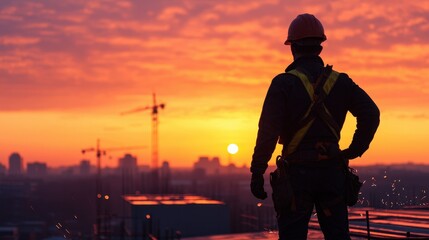 Fototapeta premium Worker Silhouetted Against Vibrant Sunrise Over Urban Construction Site