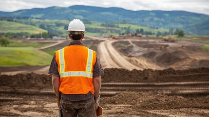Construction Worker Overlooking Heavy Equipment on Job Site