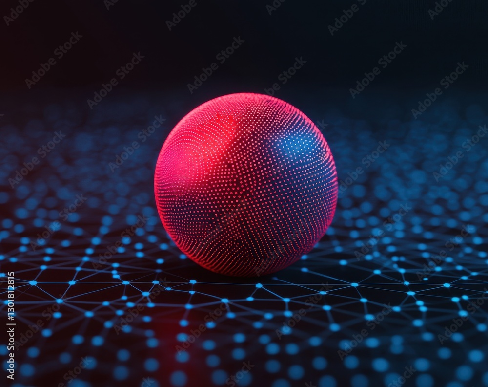Poster vibrant abstract sphere in digital grid with colorful dots and light