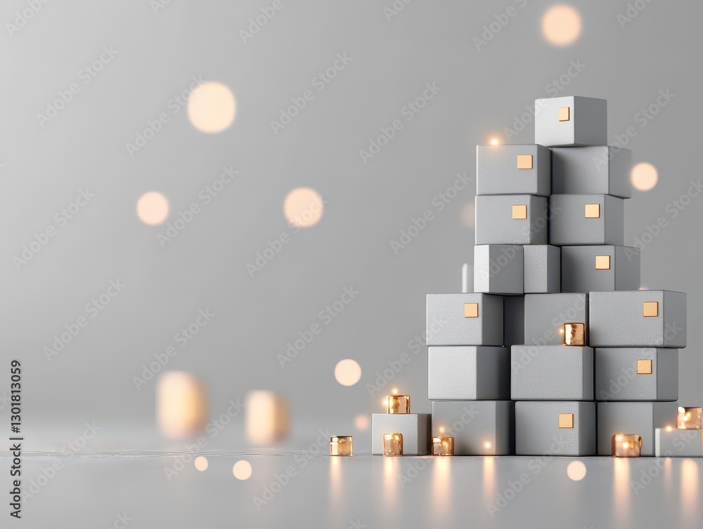 Poster a neatly stacked collection of elegant white boxes with glowing candles on top creating a cozy and i