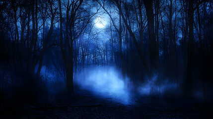 Naklejka premium Illustration - Mystical Night Forest Moonlit Path, Fog, Trees Background
