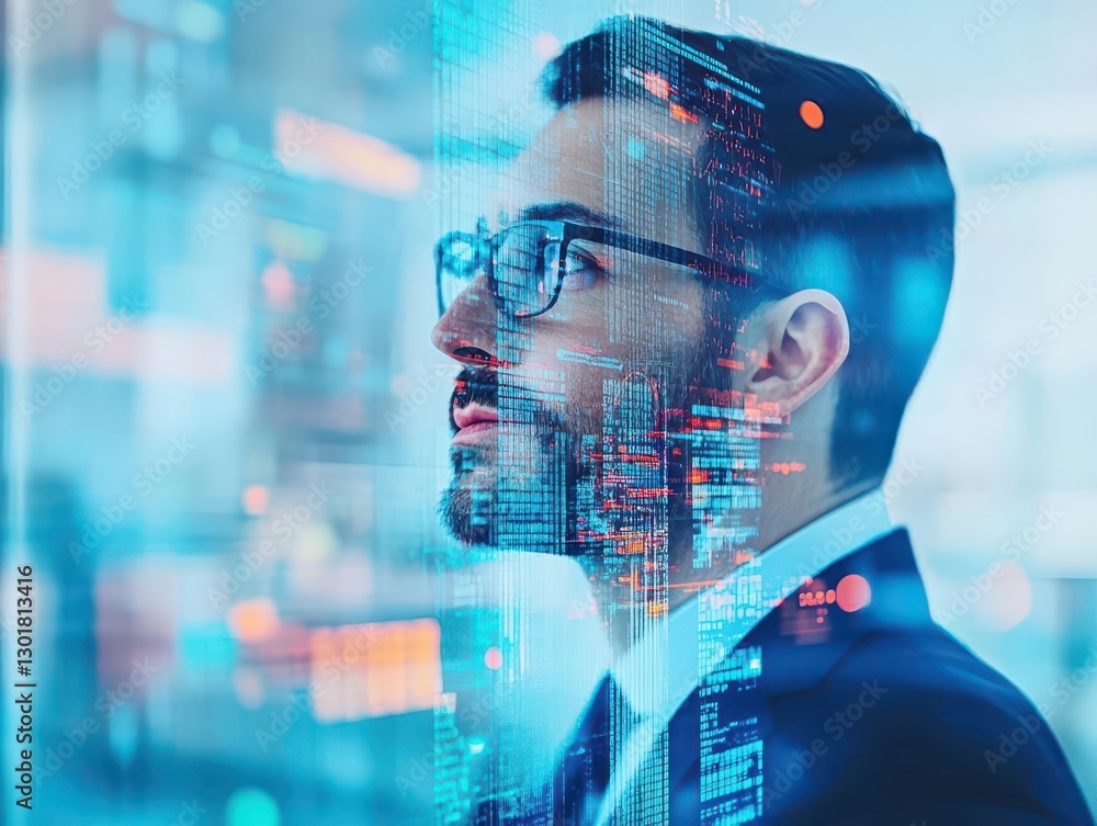 Poster focused man with glasses engaged with digital screen illuminated by soft light creating a thoughtful
