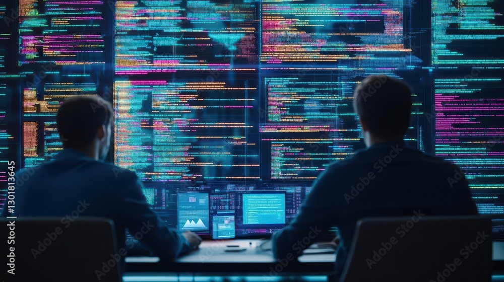 Poster two men engaged in coding collaboration at a table surrounded by technology and innovation fostering