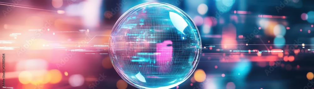 Poster futuristic sphere featuring innovative design elements and sleek curves illuminated by soft lighting