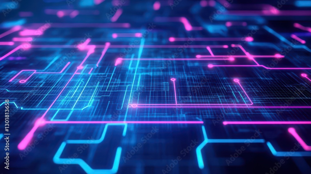 Poster vibrant computer circuit board illuminated by striking pink and blue led lights creating a futuristi