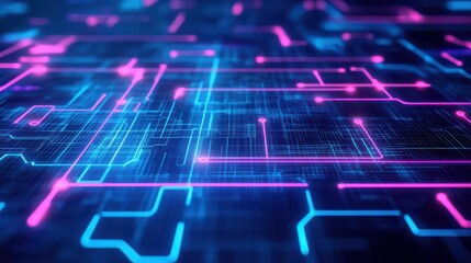 Vibrant Computer Circuit Board Illuminated by Striking Pink and Blue LED Lights Creating a Futuristic and High-Tech Visual Experience in Digital Art