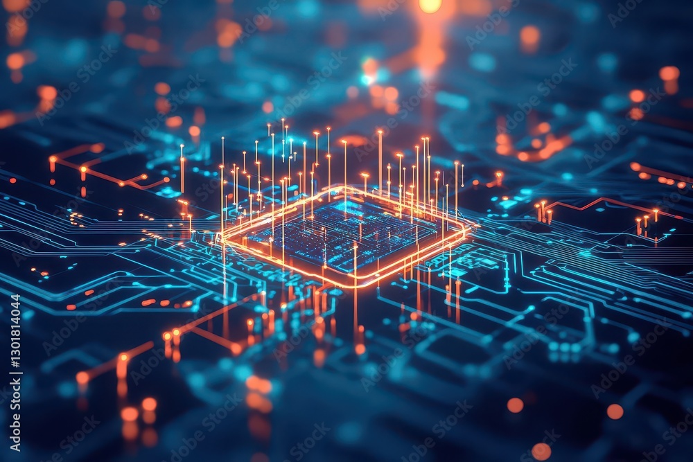 Poster intricate circuit board design highlighting complex pathways and connections in a modern electronic 