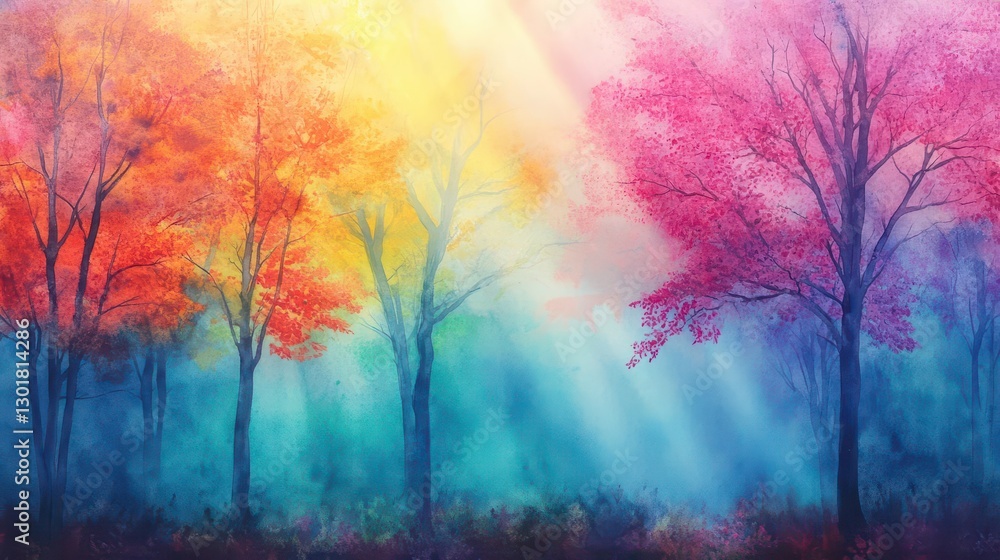 Poster mysterious landscape of foggy forest with towering trees enveloped in soft mist creating an enchanti