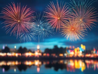 Obraz premium Vibrant Fireworks Illuminating Night Sky Over Cityscape Creating a Festive Atmosphere with Colorful Explosions and Sparkling Light Reflections
