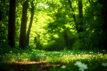 Obraz premium Photo Background - Enchanting Forest Sunlight, Nature, Trees, Green, Grass, Flowers, Path, Woods, Landscape, Spring