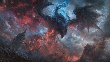 Pixel Art Dragon In Fiery And Icy Stormy Sky