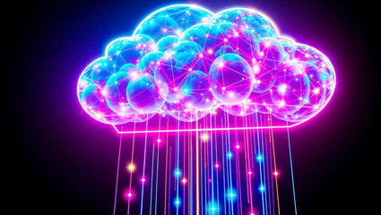 Obraz premium Neon Cloud with Digital Rain - Futuristic Tech Art. Generative AI 