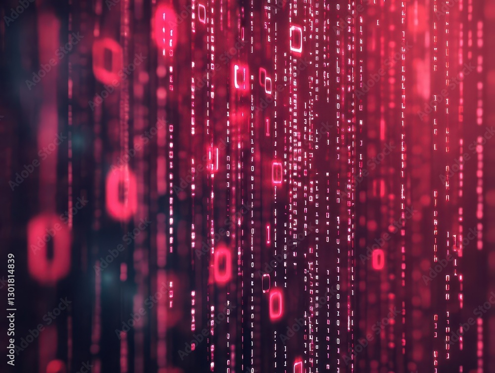 Poster dynamic red and black background featuring cascading binary numbers evoking a sense of technology in