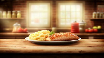 Grilled Salmon with Mashed Potatoes on Rustic Wooden Table