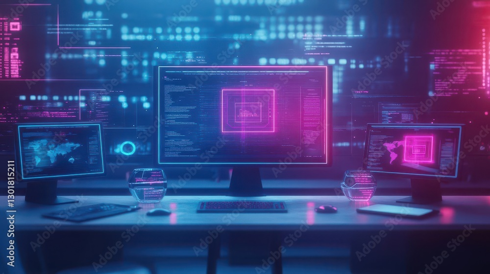 Poster modern workspace featuring multiple computer screens and laptop on sleek desk surrounded by minimali