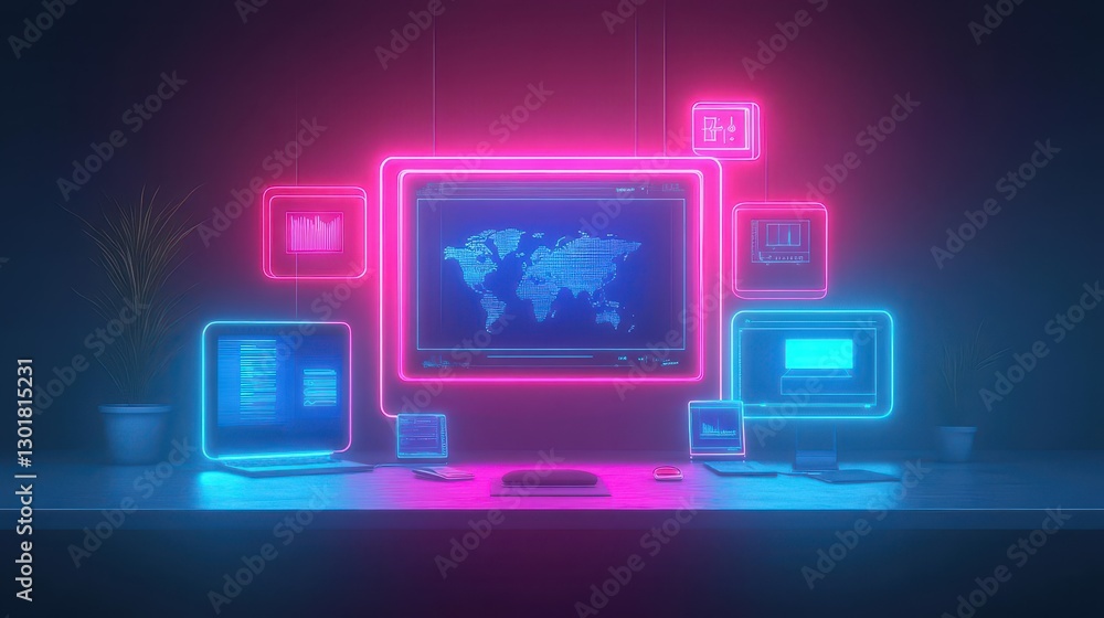 Poster a modern desktop computer displaying a detailed world map with vibrant colors and intricate landmark