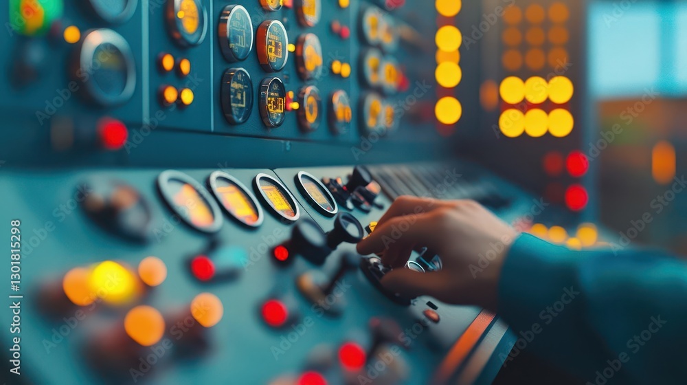 Poster focused individual engaging with advanced control panel interface in a modern technological environm