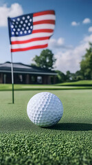 Obraz premium Realistic Image Golf Ball on Green with Flag