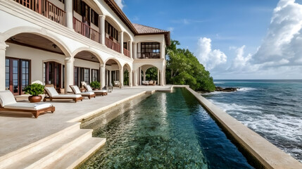 Fototapeta premium Photo Luxury Oceanfront Villa, Pool, Archways, Terrace, Coastline, Clouds, Sky, Travel, Relaxation