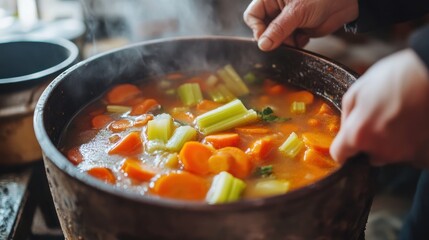Steaming Hot Vegetable Soup in Rustic Pot