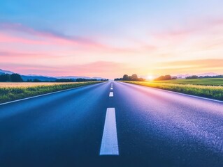 Fototapeta premium Breathtaking Sunset Illuminating a Serene Road with Vibrant Colors and Soft Clouds Creating a Peaceful Atmosphere in a Picturesque Landscape