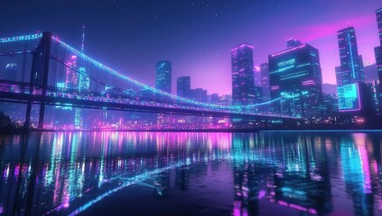 Naklejka premium Futuristic City Nightscape with Illuminated Bridge and Neon Lights