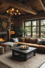 Cozy rustic living room with a warm fireplace, stylish furniture, and festive decorations