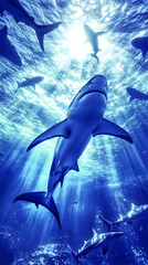 Fototapeta premium 3D Illustration Majestic Sharks Deep Blue Ocean Sunlight
