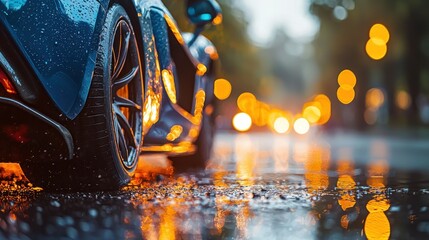 Car parked on wet street with blurred lights bokeh during rainy conditions