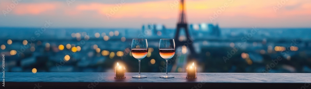 Poster intimate evening setting featuring elegant glasses of wine and a flickering candle on a rustic table