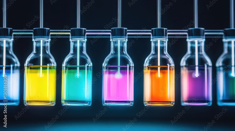 Poster colorful test tubes filled with vibrant liquids displayed on a laboratory table creating a scientifi