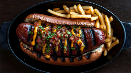 Photo Grilled Sausage Hot Dog with Fries, Mustard, and Salsa