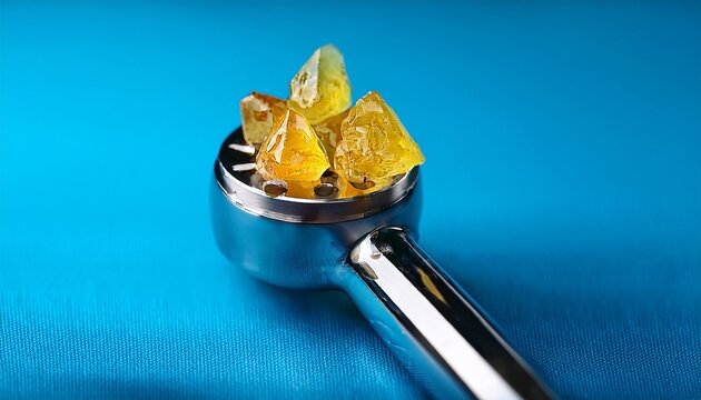 thca diamonds cannabis concentrates on a soft blue background sitting on a titanium dab tool