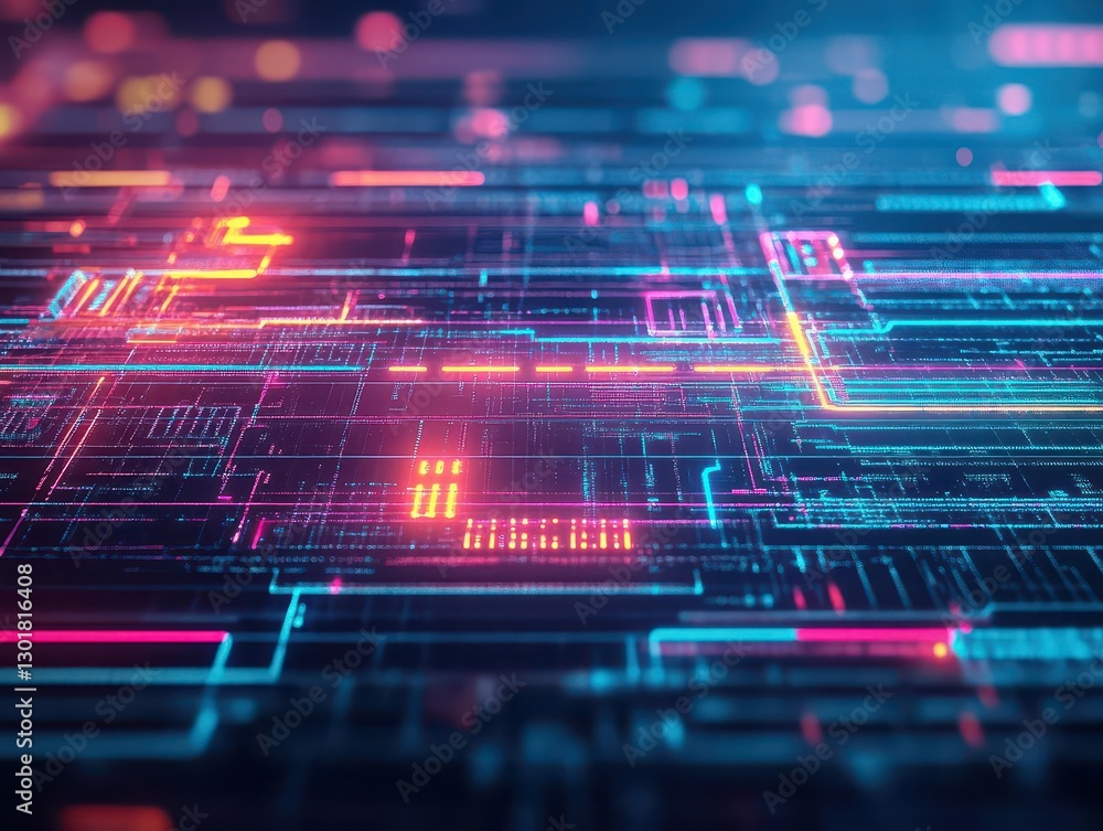 Poster intricate computer circuit design featuring vibrant colorful lines and patterns representing modern 