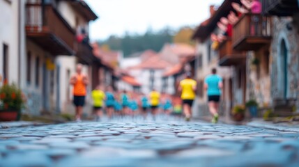 Fototapeta premium Dynamic Scene of Energetic People Running Together in an Urban Setting on a Paved Street Capturing the Spirit of Fitness and Community Engagement
