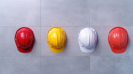 Colorful Hard Hats Arranged Neatly on a Gray Background