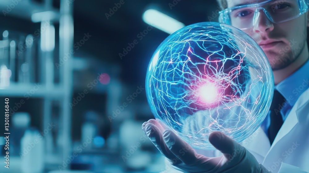 Aufkleber a man in a laboratory holding a glass sphere illuminated from within creating a mysterious ambience 