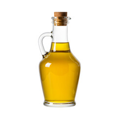 Glass bottle of olive oil with cork on a white background