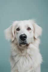 Fototapeta premium Kuvasz dog on minimalistic colorful background with Copy Space. Perfect for banners, veterinary ads, pet food promotions, and minimalist designs.