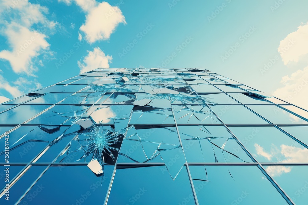 Poster intriguing close-up of a broken glass window fractured with edges and reflections evoking a sense of