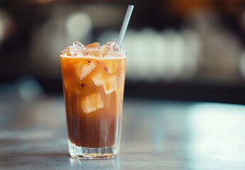 Refreshing Iced Coffee Drink with Ice Cubes in Glass on Table for Summer Beverage and Cafe Promotion