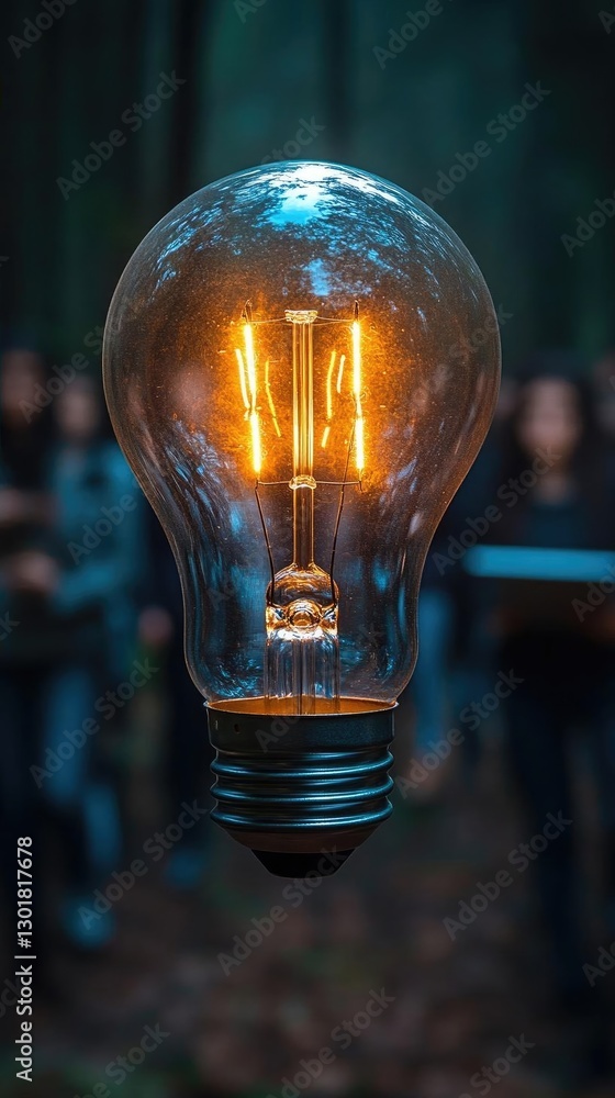 Poster illuminated light bulb floating in a forest with people observing in the background