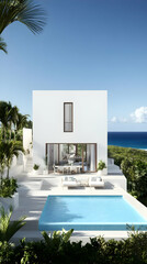 Fototapeta premium 3D Illustration Modern Villa Ocean View Pool Palm Trees Tropical Luxury Home