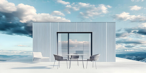 Obraz premium 3D Illustration Modern Minimalist Architecture, Sky View, Mountain View, Terrace