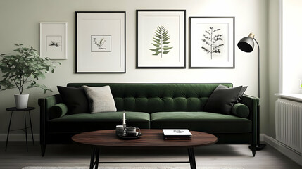 Illustration - Cozy Living Room Interior Design, Sofa, Coffee Table, Plant, and Wall Art