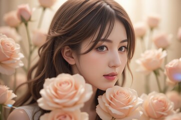 Naklejka premium Dreamy Asian Woman Portrait in Peach Rose Garden: Serene Beauty & Floral Romance