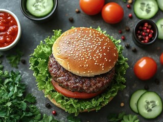 Gourmet burger with fresh vegetables and condiments on a rustic table setting