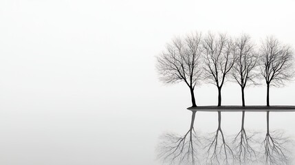 Serene Minimalist Landscape: Four Leafless Trees Reflected in Still Water Against a Bright White Sky